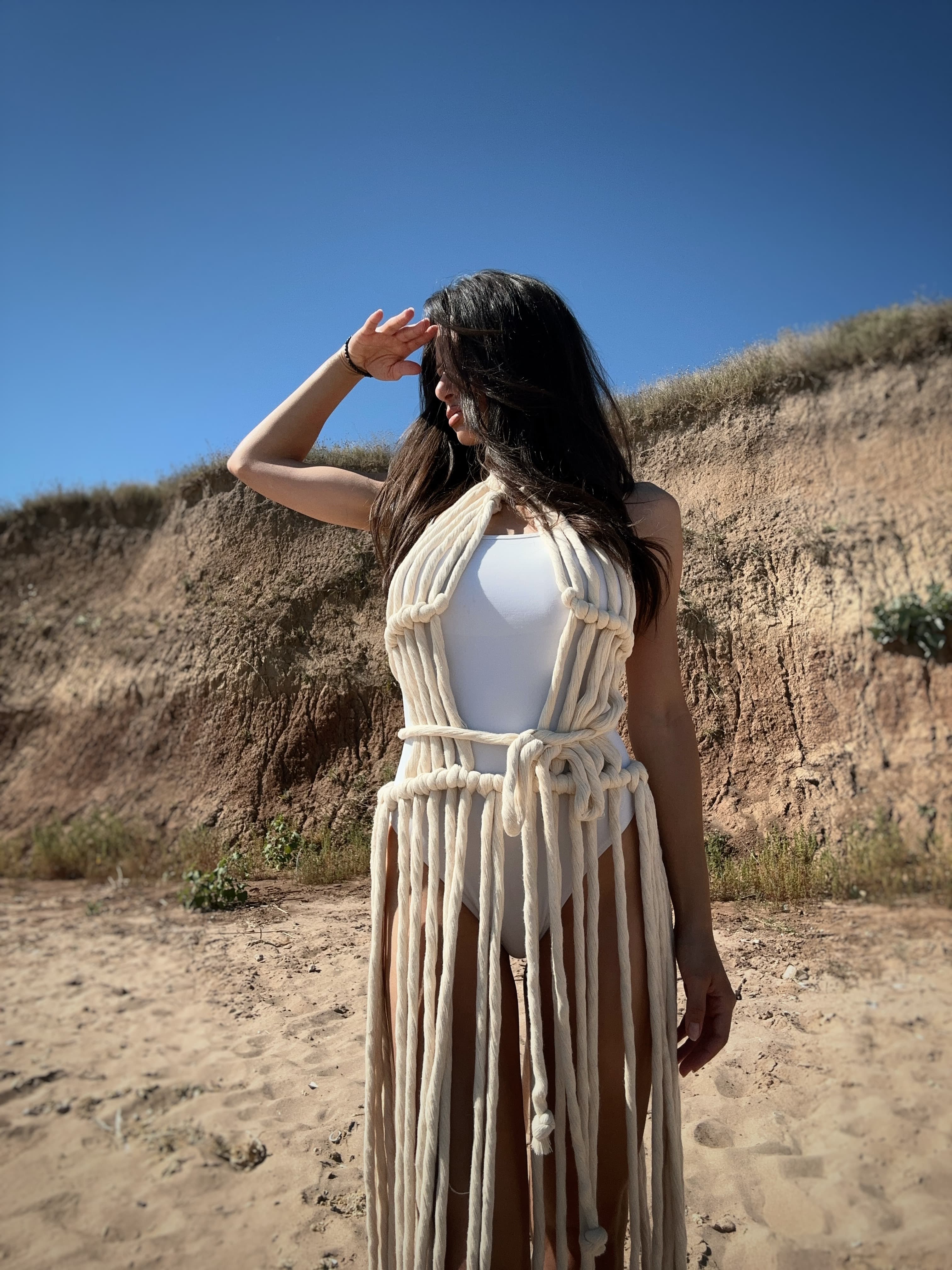 "AMALFI" Sheer Beach Club Maxi Dress – Open Knit with  Fringe — Detail