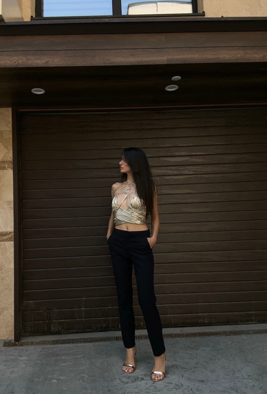 Golden Metallic Bustier Top "NOX" detail view showing handmade statement top texture and structure