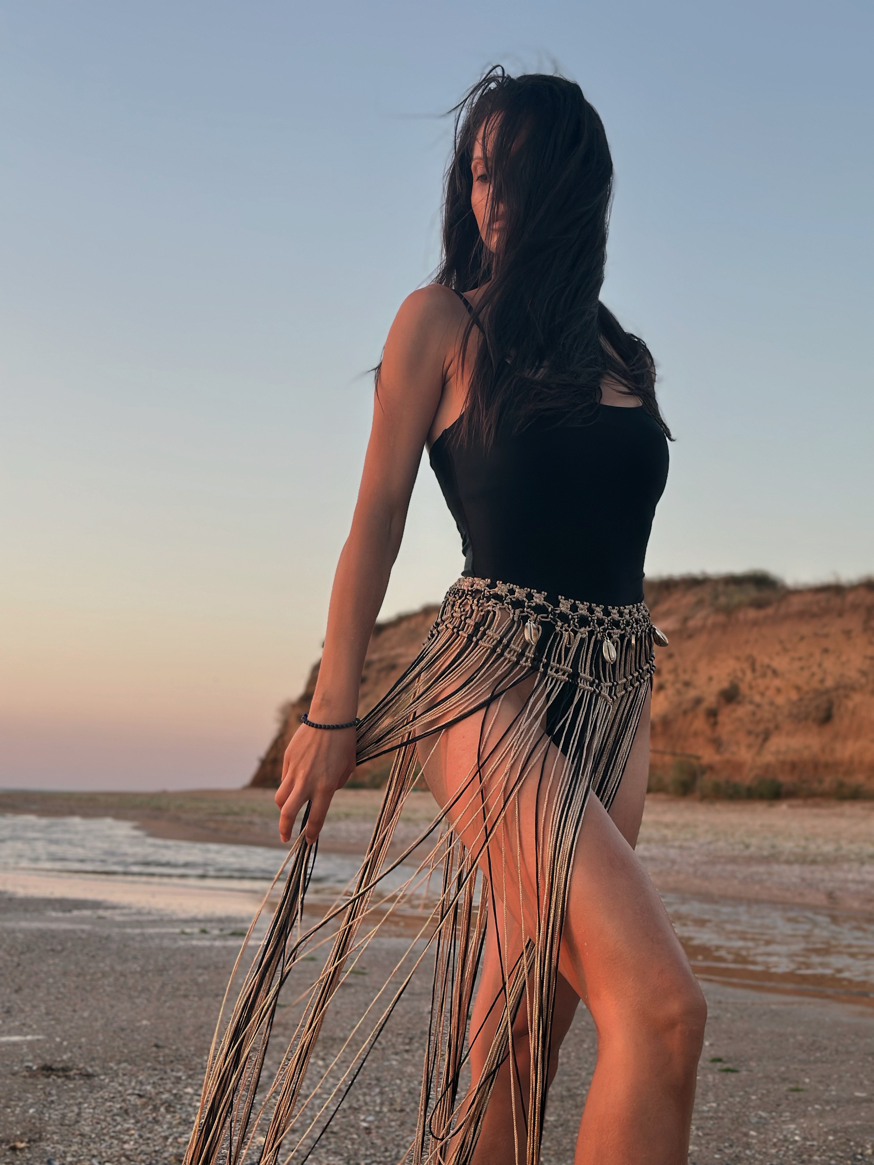 Beach Long  knit semi-sheer gold fringe skirt "St. Tropez"